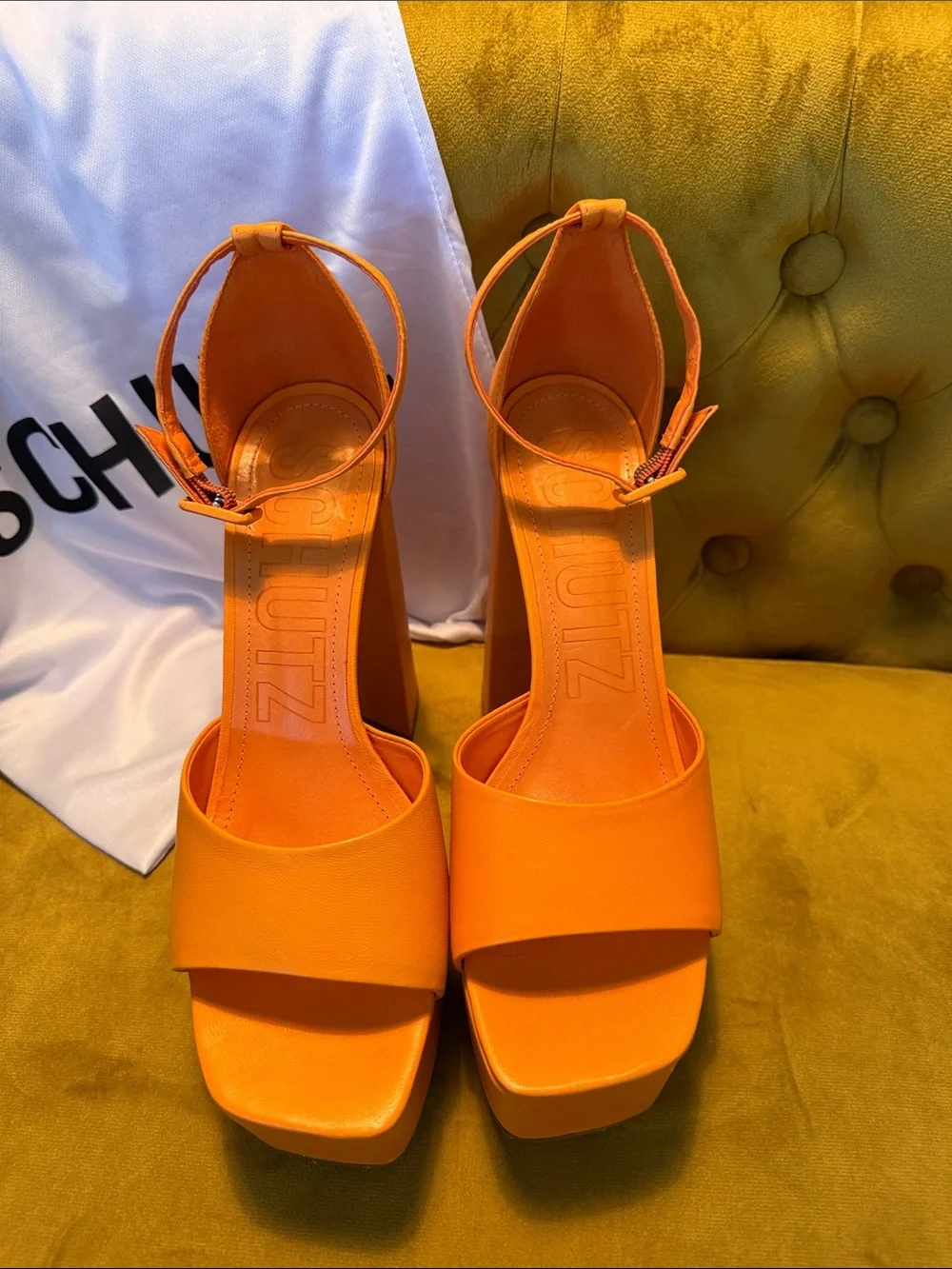 SCHUTZ Orange Platform Block Heel Sandals